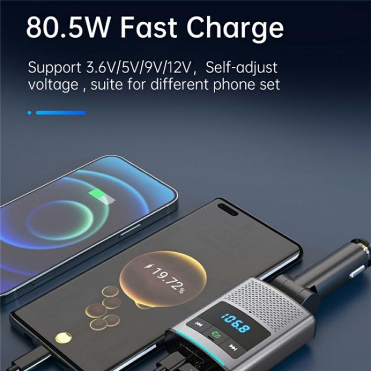 GZ16 With Retraction Type-C Cable Car Voltage Display Charger Bluetooth-Compatible MP3 Player