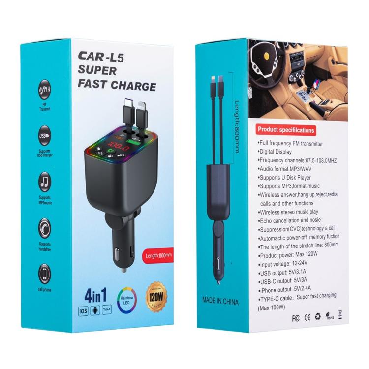 L5 Car Bluetooth-Compatible MP3 Player Hands Free Calling FM Transmitter Fast Charger