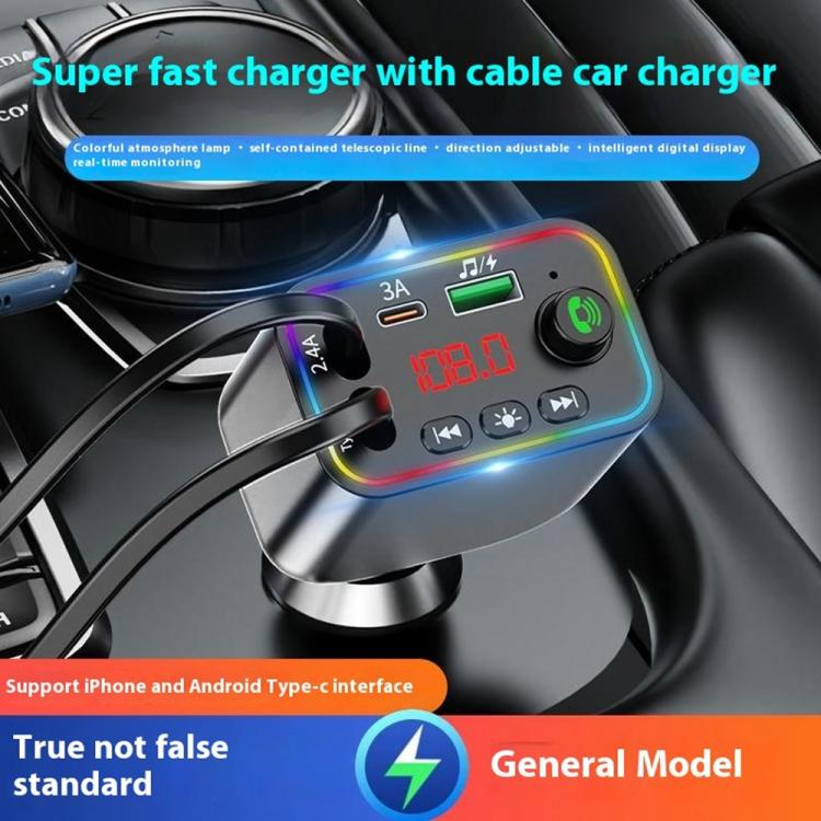 L4 Fast Charging Car Charger MP3 Player Retractable Cable FM Transmitter