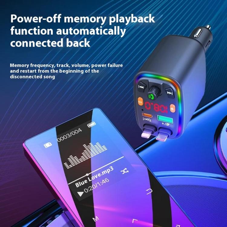 Y10 With Retractable Type C + iP Cable Car Charger FM Transmitter Bluetooth MP3 Player