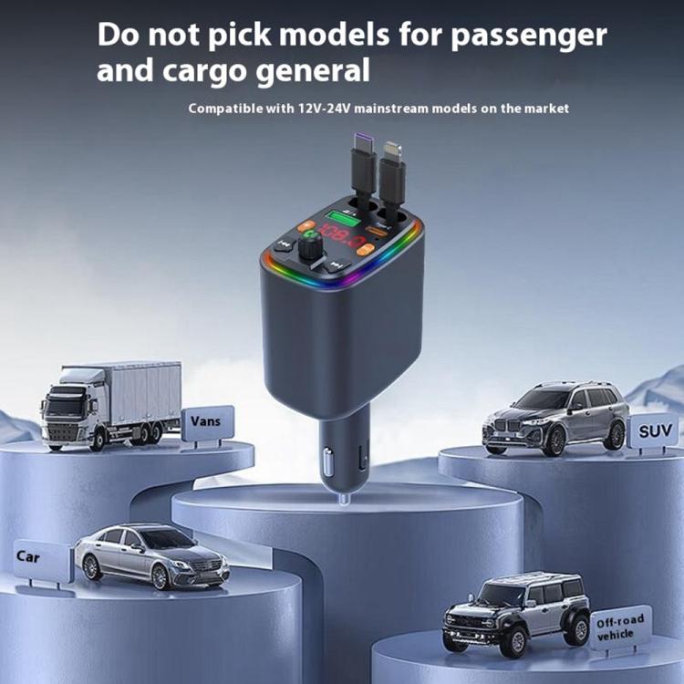 Y10 With Retractable Type C + iP Cable Car Charger FM Transmitter Bluetooth MP3 Player