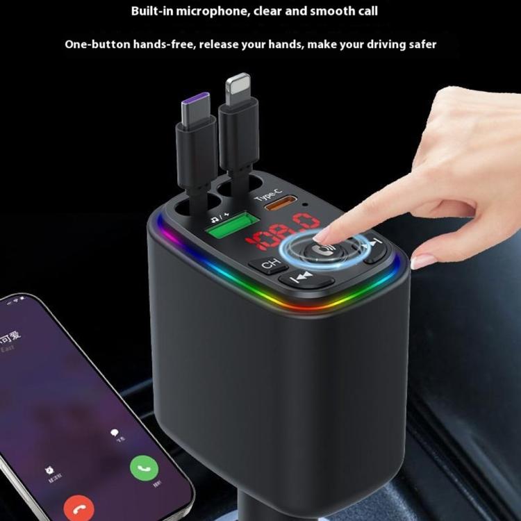 Y9 Retractable Cable Bluetooth FM Transmitter Voltage Display Car Charger MP3 Player