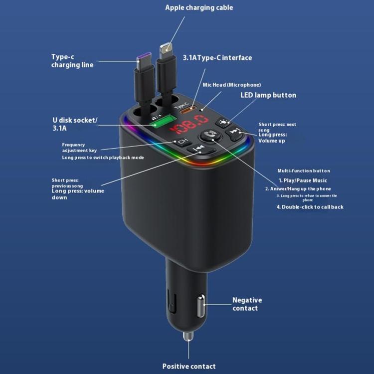 Y9 Retractable Cable Bluetooth FM Transmitter Voltage Display Car Charger MP3 Player