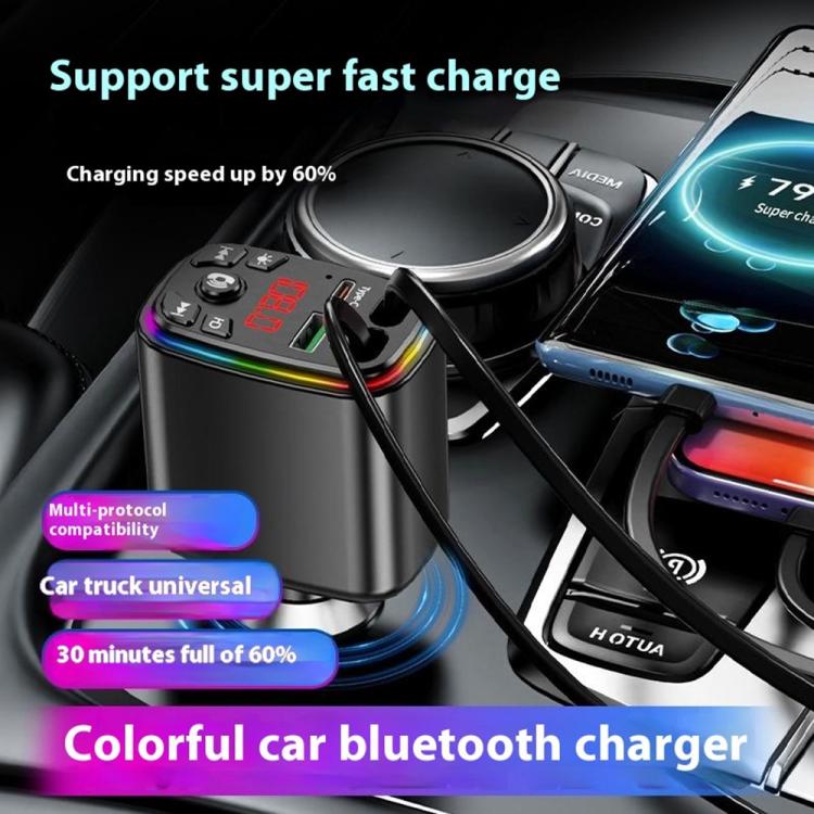 Y9 Retractable Cable Bluetooth FM Transmitter Voltage Display Car Charger MP3 Player