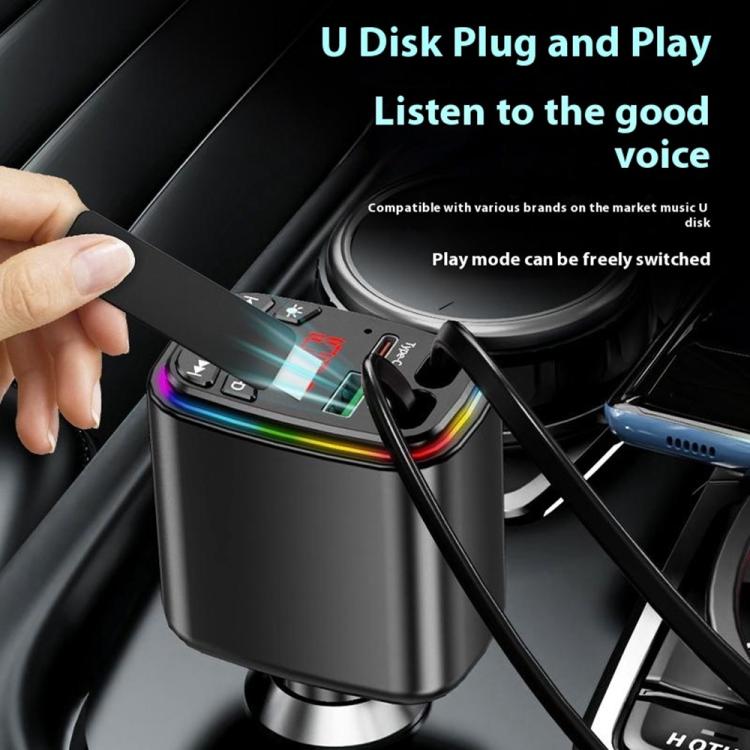 Y9 Retractable Cable Bluetooth FM Transmitter Voltage Display Car Charger MP3 Player