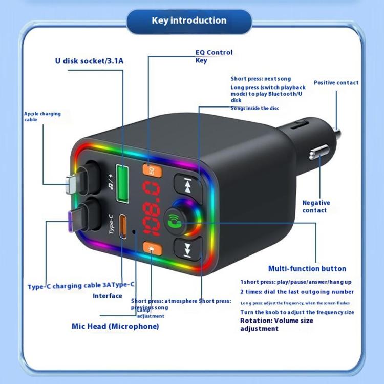 Y6 Retractable Cable EQ Adjustment Bluetooth FM Transmitter Car Charger MP3 Player