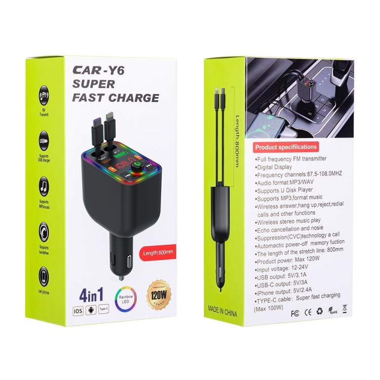 Y6 Retractable Cable EQ Adjustment Bluetooth FM Transmitter Car Charger MP3 Player