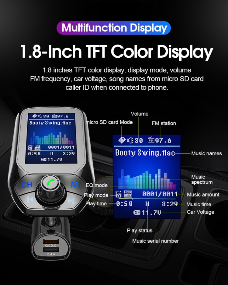 T43 Car Bluetooth Mp3 Multi-function Large Color Screen QC3.0 Bluetooth Car Charge Lossless Car Bluetooth Player