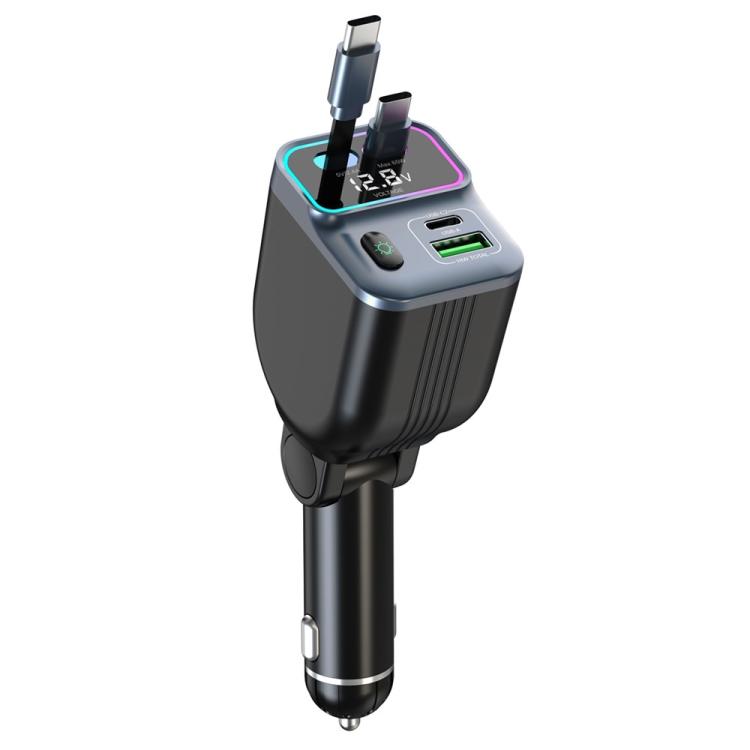 GC15 With Dual Retractable Type-C Cables Real Time Voltage Monitor Fast Charging Car Charger