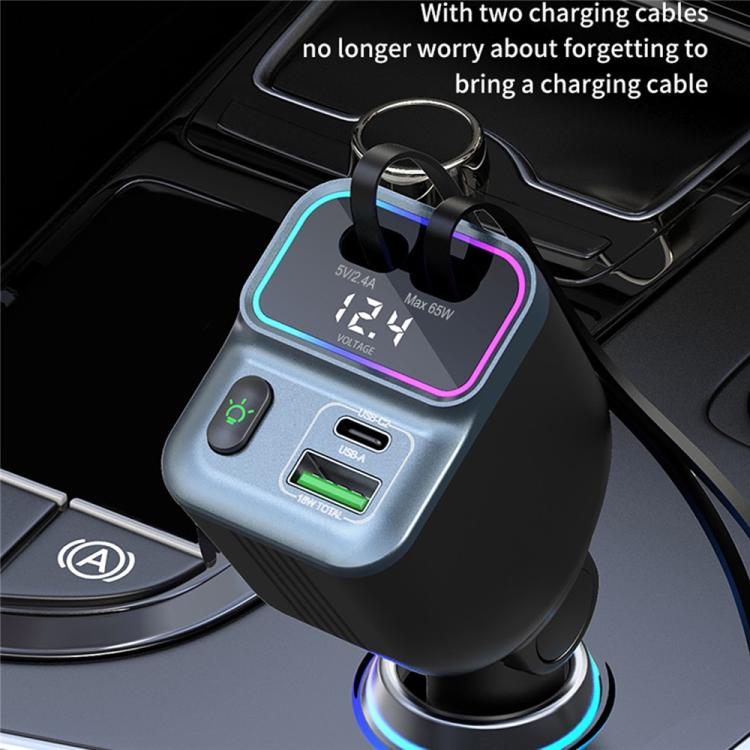GC15 With Dual Retractable Type-C Cables Real Time Voltage Monitor Fast Charging Car Charger