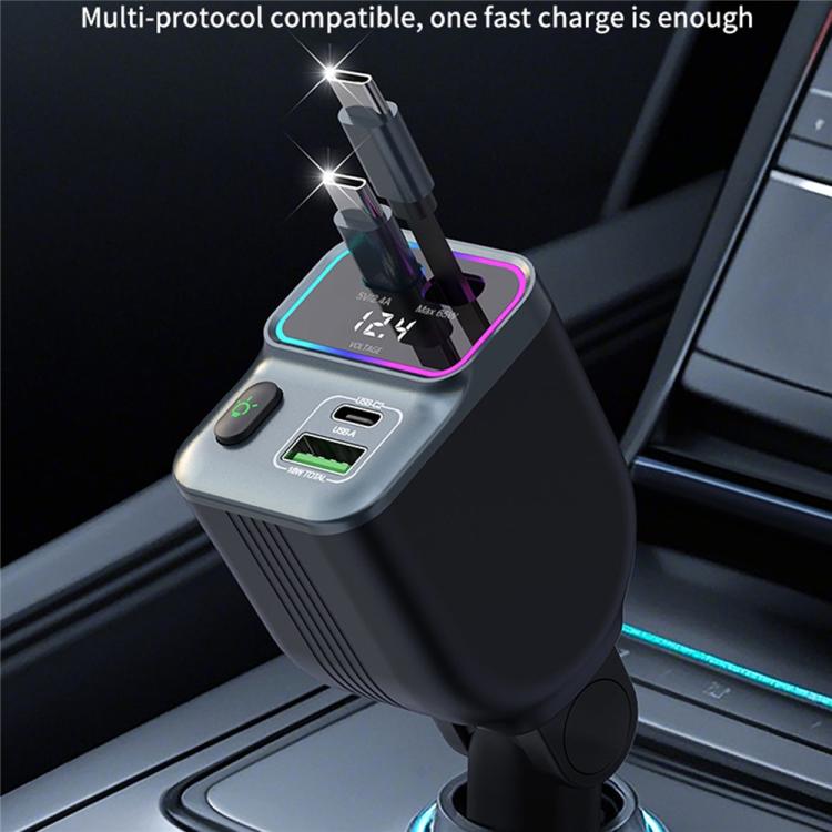 GC15 With Dual Retractable Type-C Cables Real Time Voltage Monitor Fast Charging Car Charger