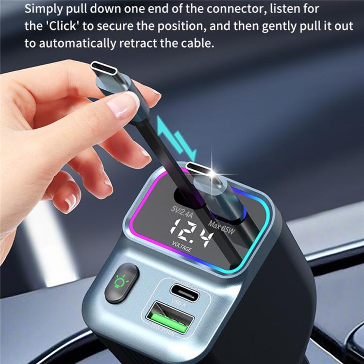GC15 With Dual Retractable Type-C Cables Real Time Voltage Monitor Fast Charging Car Charger