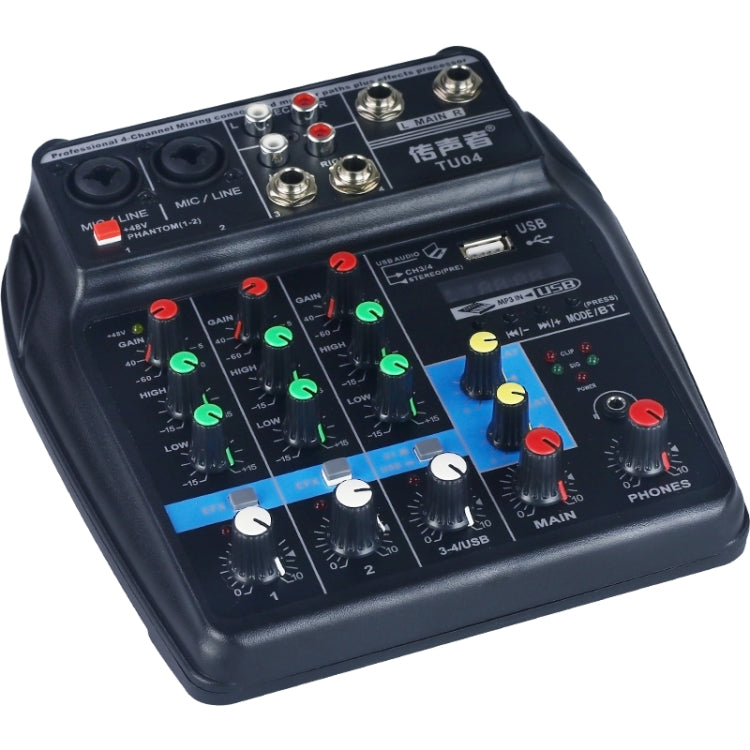 TU04 BT Sound Mixing Console Record 48V Phantom Power Monitor AUX Paths Plus Effects 4 Channels Audio Mixer with USB