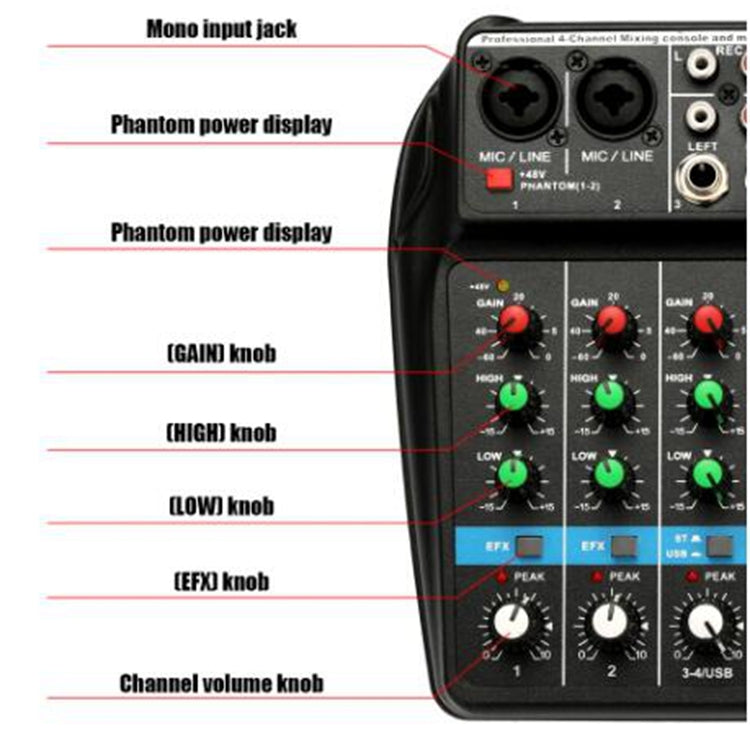 TU04 BT Sound Mixing Console Record 48V Phantom Power Monitor AUX Paths Plus Effects 4 Channels Audio Mixer with USB
