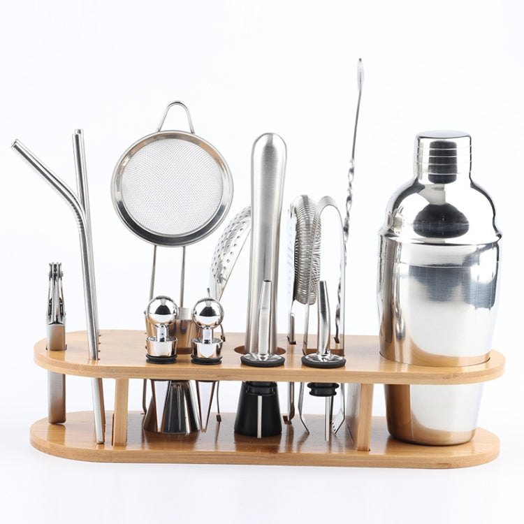 18 in 1 Stainless Steel Cocktail Shaker Set, Oval Bamboo Base, Bar Tool Set