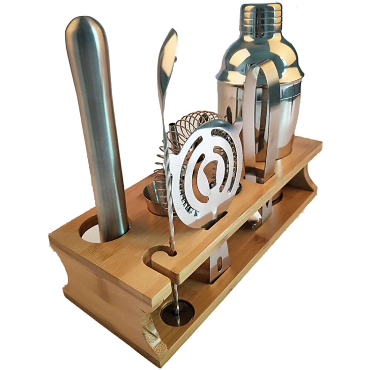 10 in 1 Stainless Steel Shaker Bamboo Stand Set Oblique Mouth Bar Cocktail Bartending Tool