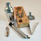 10 in 1 Stainless Steel Shaker Bamboo Stand Set Oblique Mouth Bar Cocktail Bartending Tool