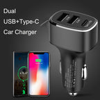 QIAKEY GT690C Dual USB + USB-C / Type-C Aluminum Alloy Three-Hole Car Charger