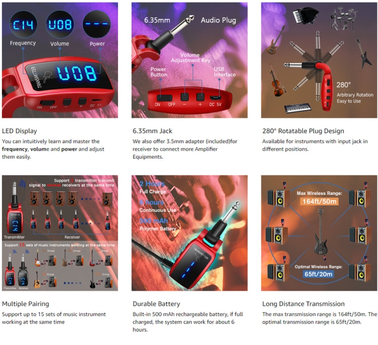 U12DX  6.35mm Jack Wireless Guitar Transmitter Receiver Rechargeable Adapter