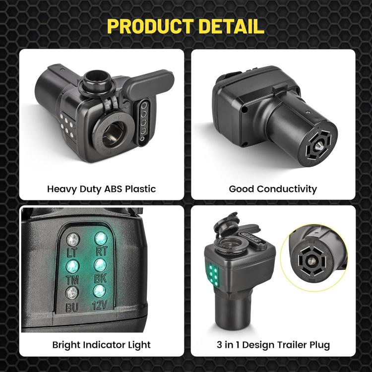 7 Pin to 12V Truck Cigarette Lighter Power Adapter with LED Circuit Tester