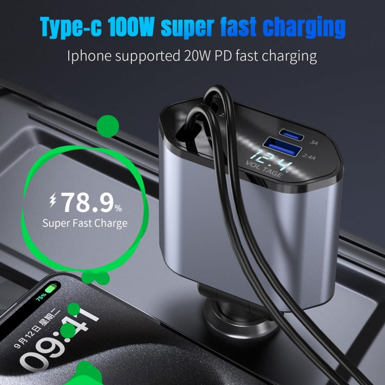 4-In-1 120W Multifunctional USB Retractable Dual-Line Digital Display Car Fast Charger