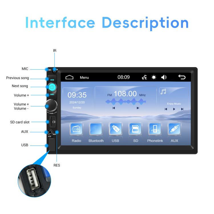 7 Inch Wired Carplay Dual Butt MP5 Player Bluetooth Big Screen Car Center Control