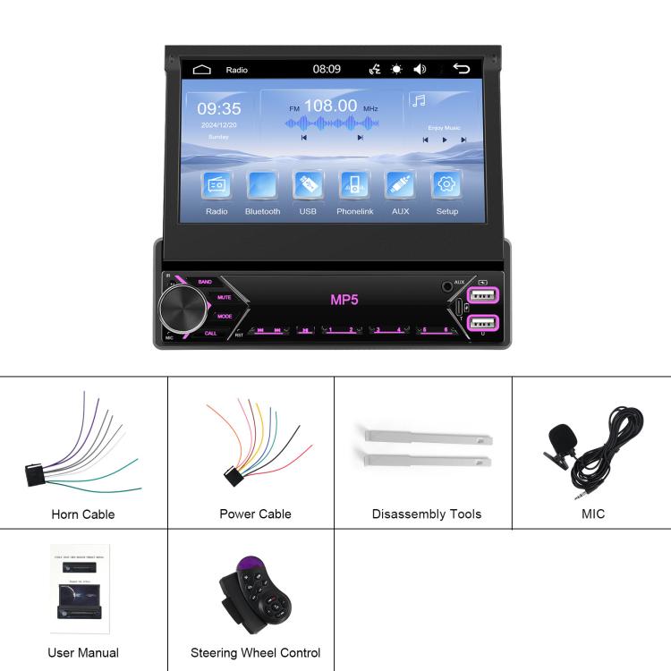 7 inch Universal Manual Retractable Screen Car MP5 Player Car Center Control All-in-One Wired Carplay