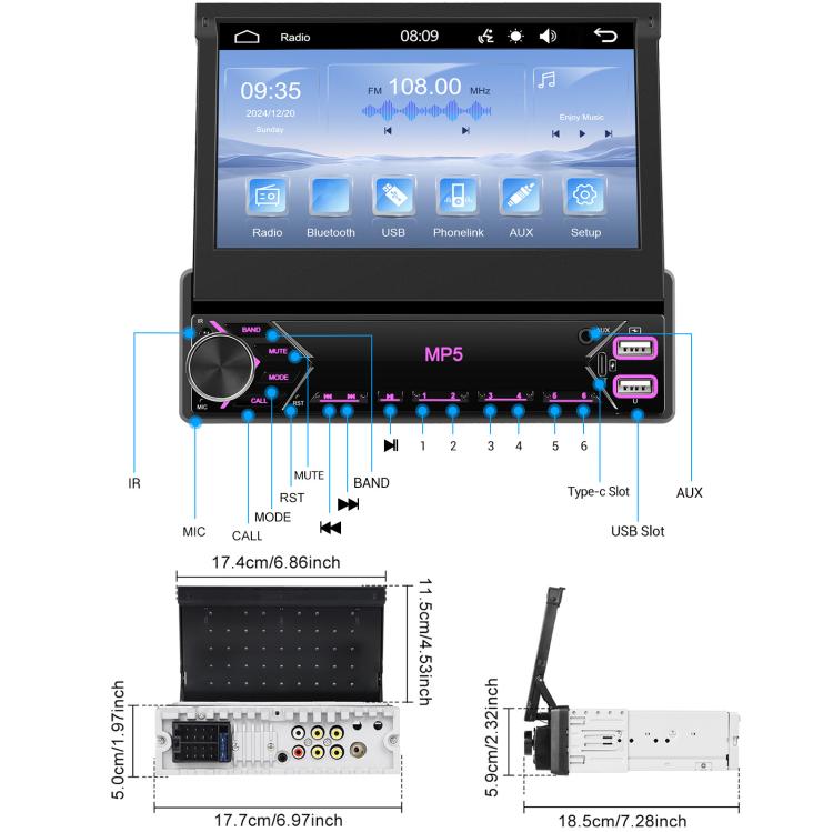 7 inch Universal Manual Retractable Screen Car MP5 Player Car Center Control All-in-One Wired Carplay