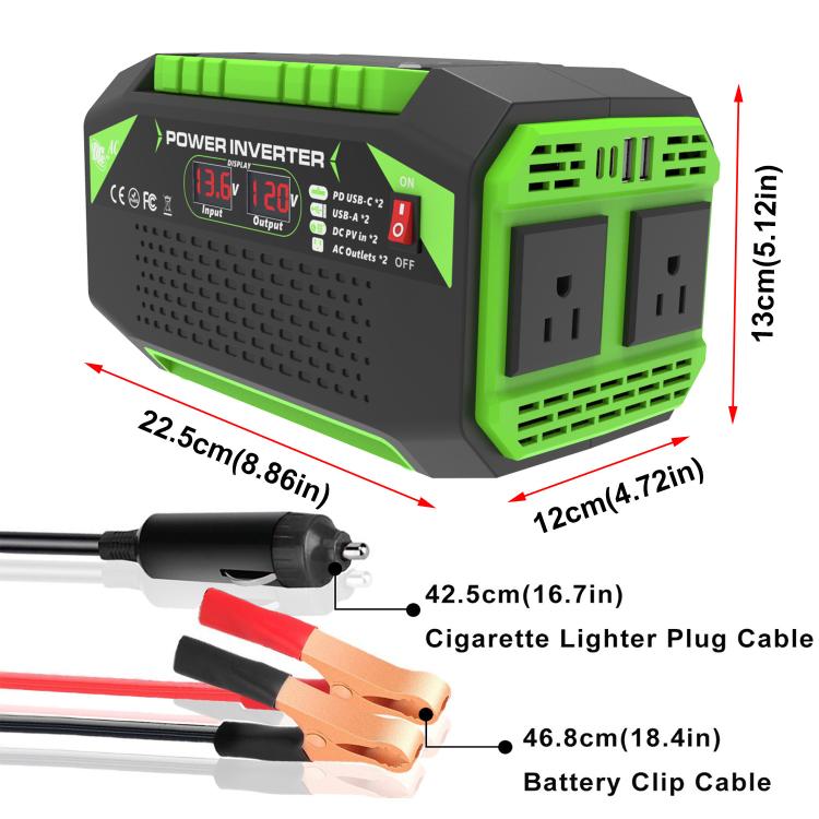 Gurxun Car Pure Sine Wave Inverter Dual AC Sockets + 2 USB + 2 Type-C Ports Outdoor Car Power Converter