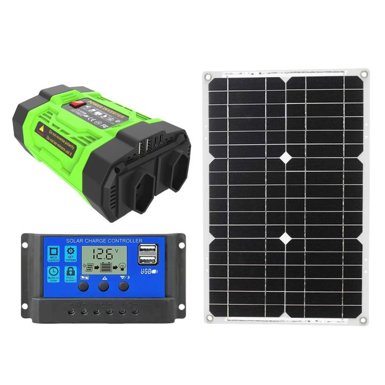 Gurxun 200W Modified Wave Inverter With 18W Solar Panel + 30A Controller Dual Socket + 2 USB + 2 Type-C Ports