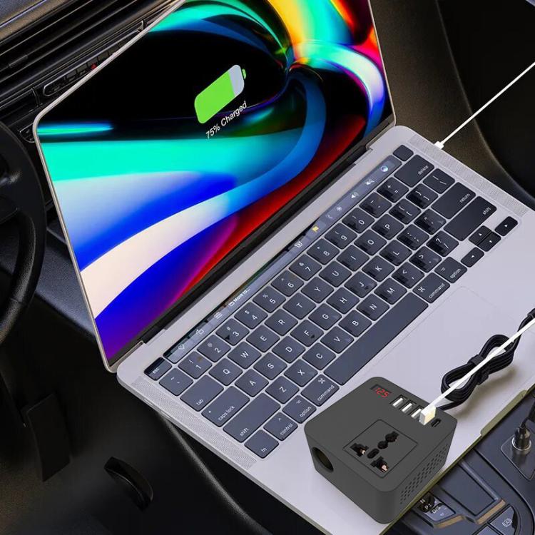 Gurxun 12/24V To 110/220V Multi-Function Car Fast Charger With 4 USB+Type-C+Universal Socket