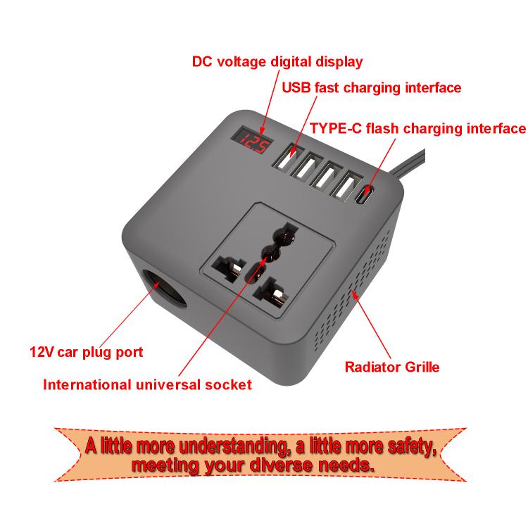 Gurxun 12/24V To 110/220V Multi-Function Car Fast Charger With 4 USB+Type-C+Universal Socket