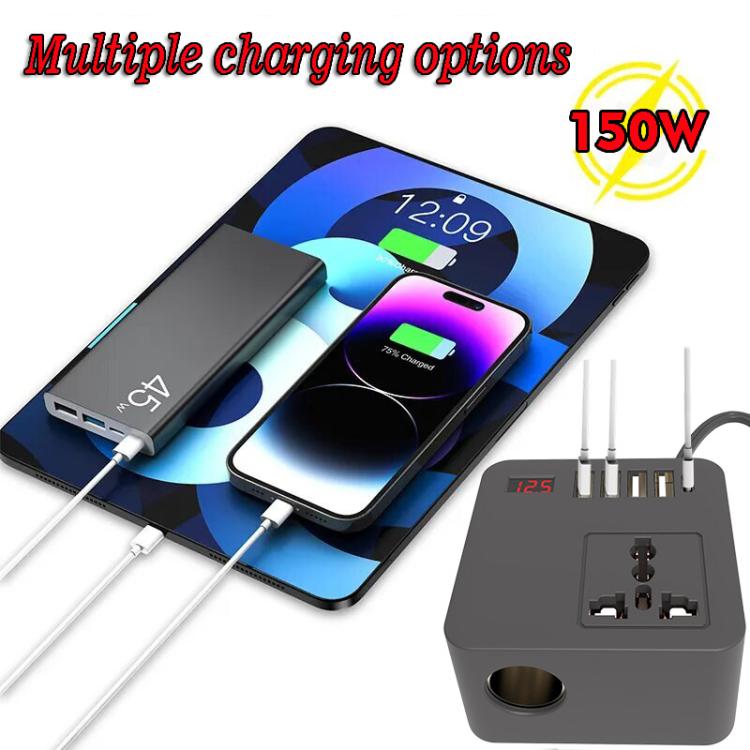 Gurxun 12/24V To 110/220V Multi-Function Car Fast Charger With 4 USB+Type-C+Universal Socket