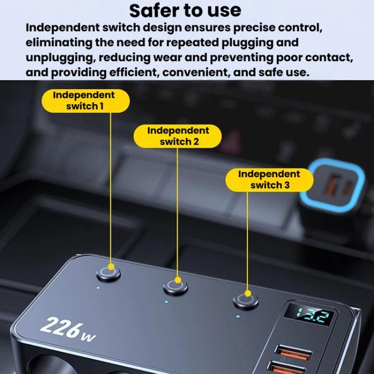 226W 3 In 1 Car Cigarette Lighter Digital Display PD Fast-Charging Car Charger