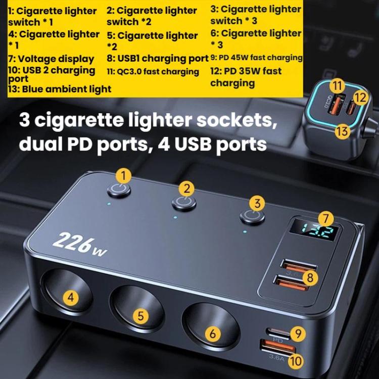226W 3 In 1 Car Cigarette Lighter Digital Display PD Fast-Charging Car Charger