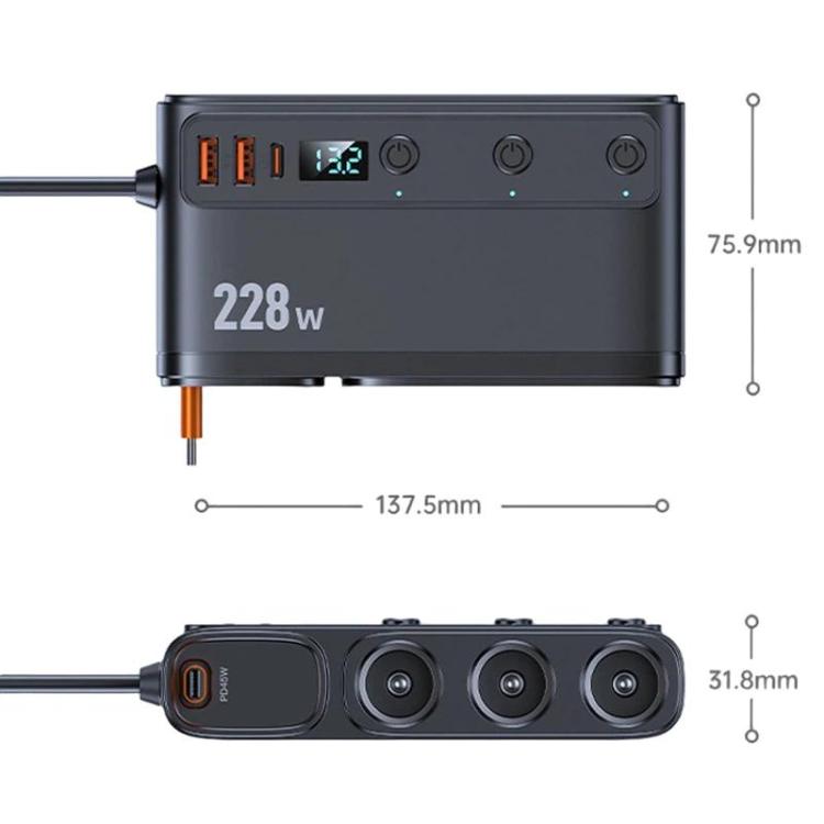 228W Car Cigarette Lighter Retractable Cable 3 In 1 Fast-Charging Car Charger With Independent Switches