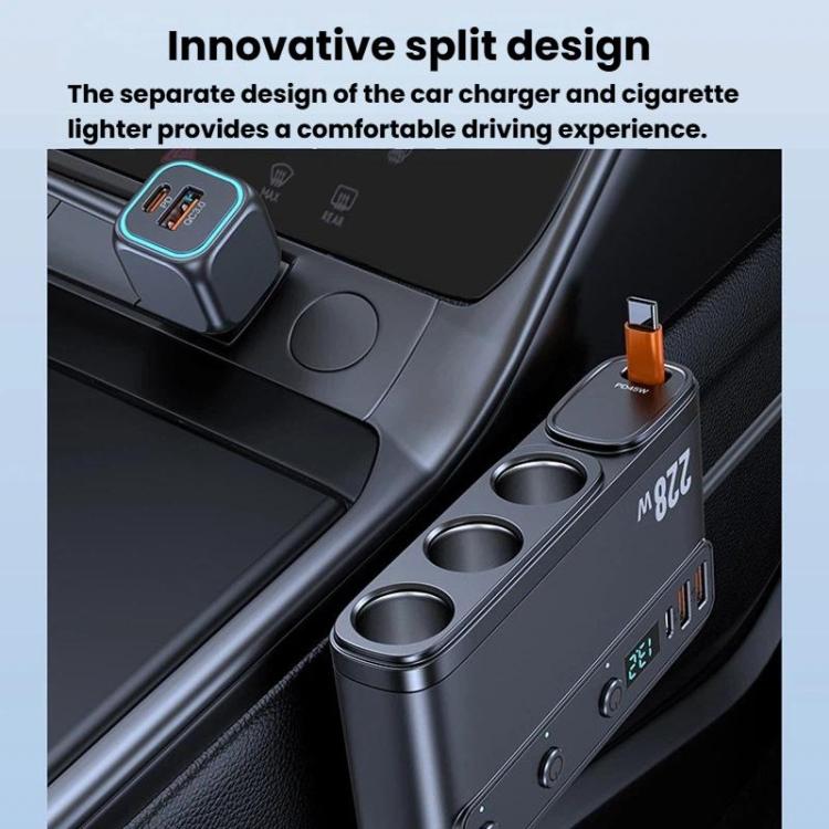 228W Car Cigarette Lighter Retractable Cable 3 In 1 Fast-Charging Car Charger With Independent Switches