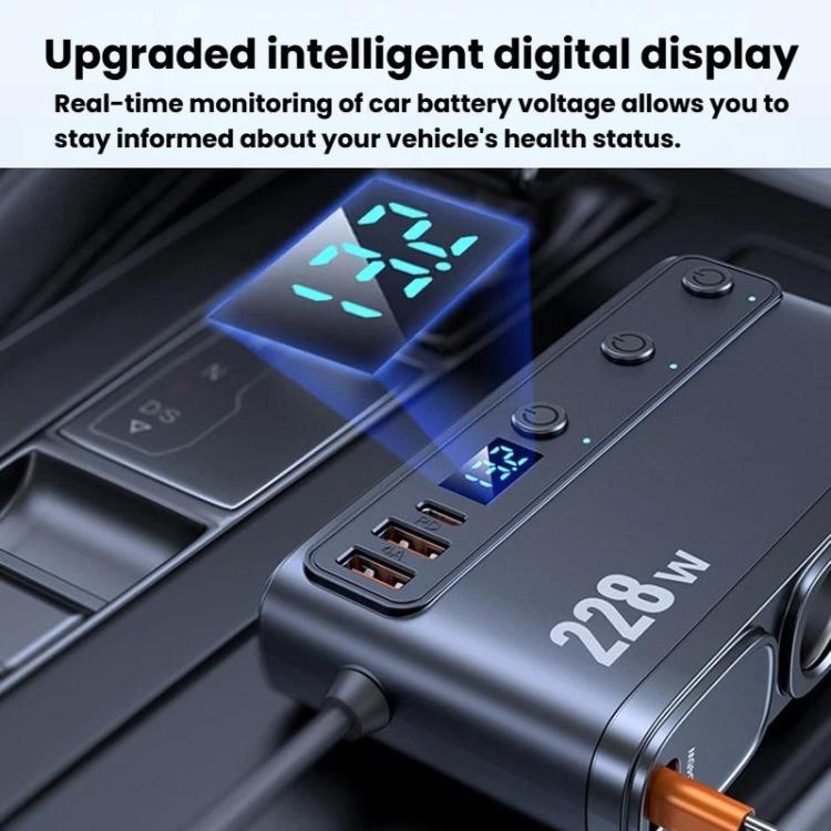 228W Car Cigarette Lighter Retractable Cable 3 In 1 Fast-Charging Car Charger With Independent Switches